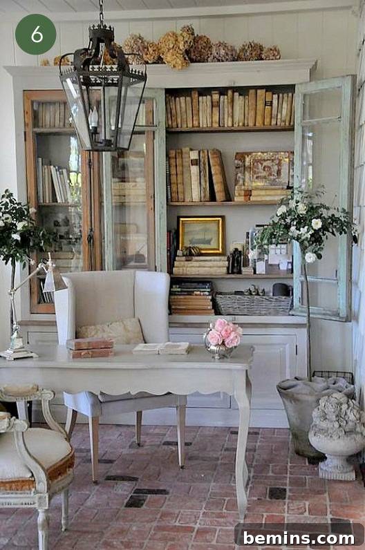 A country cottage workspace with lighter colors and decorative finishes