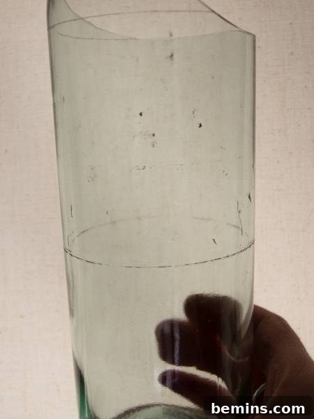 Which Bottle Cutter Reigns Supreme? A Definitive Review 30 Hand holding a clear glass bottle with score mark around the center and the top already cut off.
