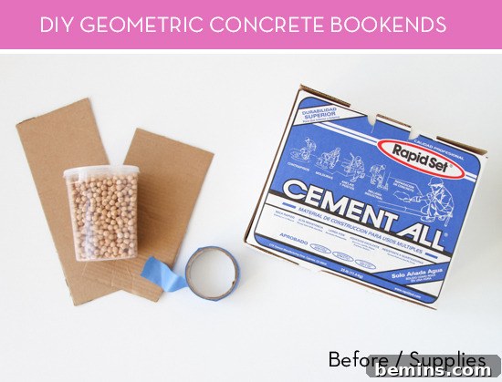DIY Geometric Concrete Bookends from Recycled Cardboard 2 A clear cup filled with hardening concrete mixture resting on brown paper sheets.