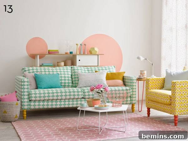 Checkered sofa with pillows near a yellow chair.