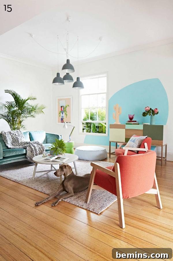 Large room with a pastel theme.