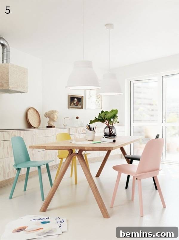 Kitchen eating area with pastel chairs.