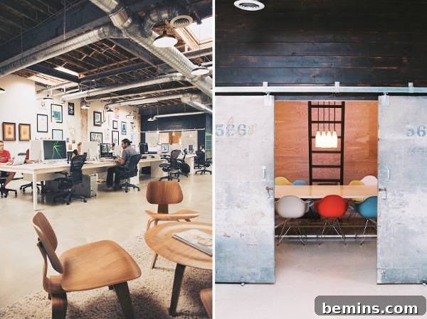 Design studio spaces with wooden work benches and small computer chairs. The Welikesmall workspace embodies minimalist design.