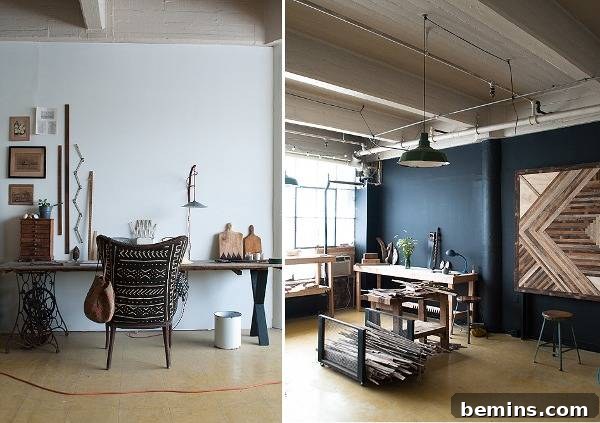 A dark rustic style room and farm house bright rom. Ariele Alasko's workshop is filled with rustic charm and handmade creations.