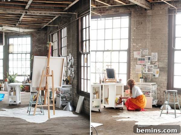 An industrial living room and a girl painting. Katie Stratton's studio space is a personal reflection of her artistic style.