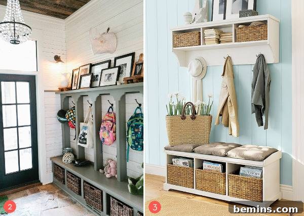 Wooden coat rack and shelves in entryway, providing a rustic and functional storage solution for coats, hats, and accessories.