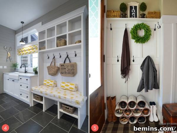 Two areas near doors offering places to put shoes and accessories, demonstrating effective use of space and storage.