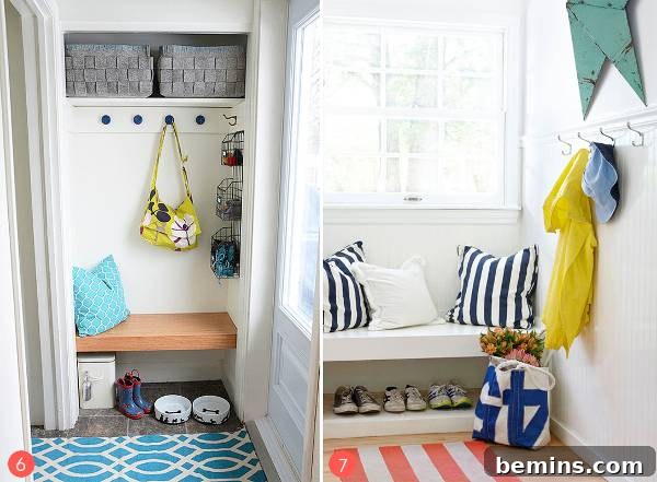 Two different seating areas with rugs offer places to put on shoes and get ready, highlighting the importance of comfort and convenience in an entryway.