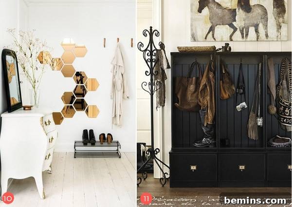 A white entryway and a darker entryway, showcasing contrasting styles and design preferences.