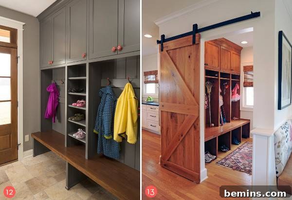 A dark entryway and a brown entryway closet, illustrating different color palettes and storage options.