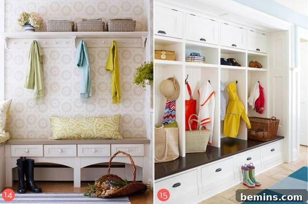 An entryway with vinyl walls and a white entryway with white cabinets, showcasing different material choices and storage solutions.