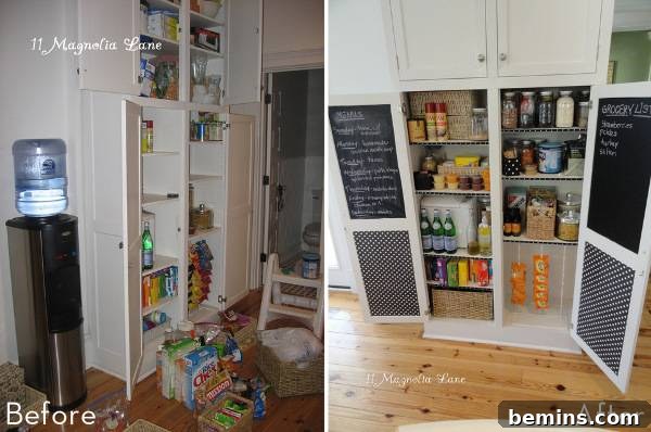 Pantry items arranging into the cupboards in the kitchen.