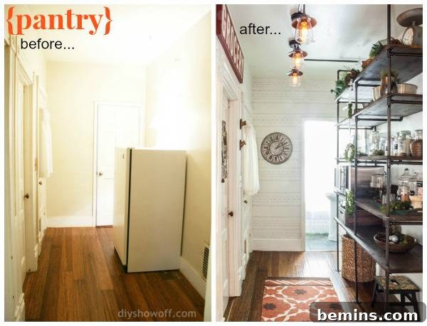 A pantry is madeover with shelves and lights.