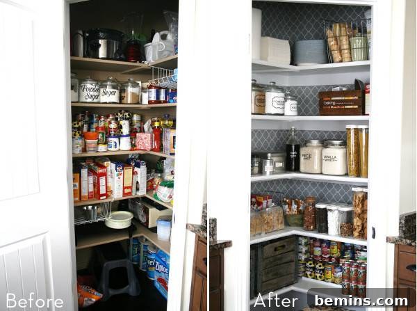 Pantry of a closet of containers and spices