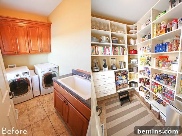 A small laundry room with wooden cabinets next to a smaller room with large cabinets.
