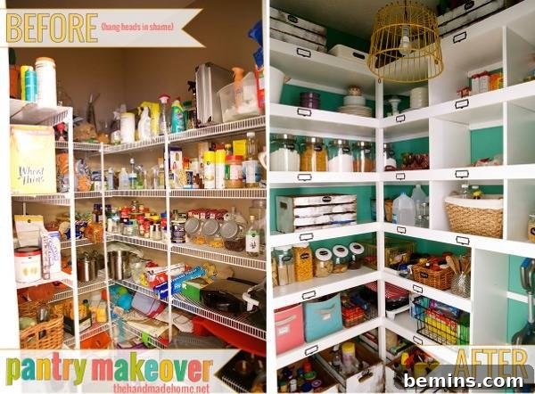 A pantry with white metal shelves is transformed by making wooden shelves with teal baskets.