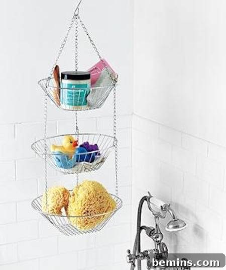 5 Tricks to a Spotless Bathroom Around the Clock 4 White bathroom with hanging vertical storage.