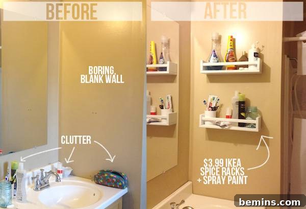 5 Tricks to a Spotless Bathroom Around the Clock 5 Bathroom sink with clutter vs. organized bathroom sink with shelves.