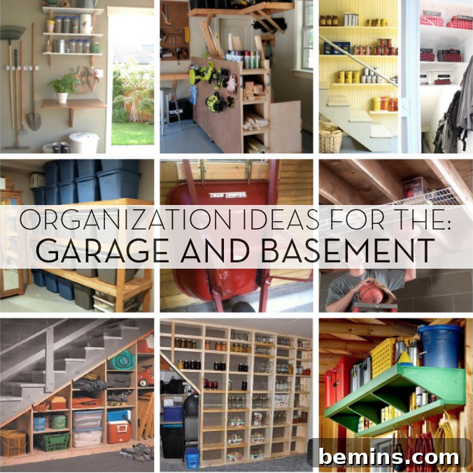 Well-organized shelves in a clean garage and basement, showcasing effective storage solutions.
