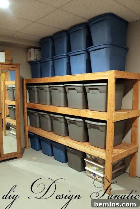 A three-level wooden shelf holding multiple rectangular bins, showcasing a custom-built storage solution.