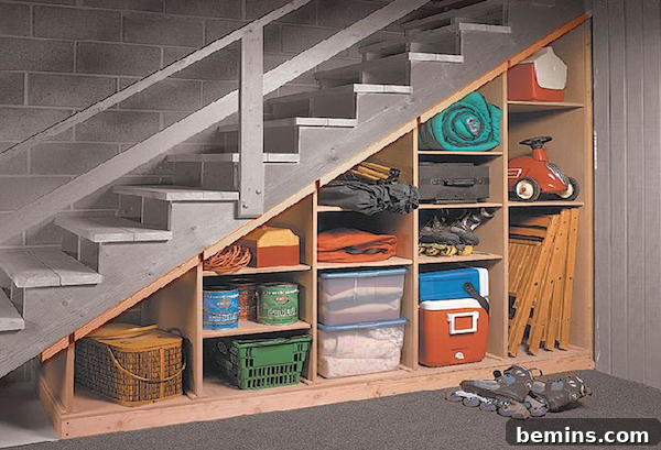 Storage built under a set of basement stairs, filled with various household items like sleeping bags, Tupperware, coolers, and riding toys.
