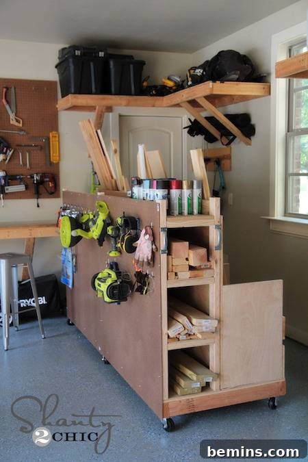 A wooden lumber cart filled with various pieces of wood and construction tools, showcasing a practical storage solution.