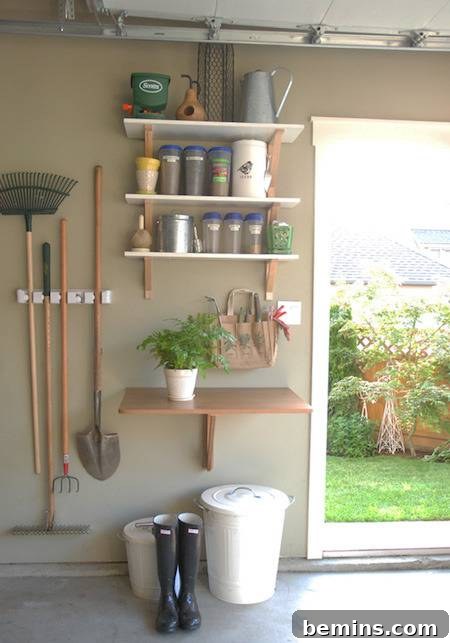 A well-organized garden storage shelf with various gardening tools and supplies neatly arranged.