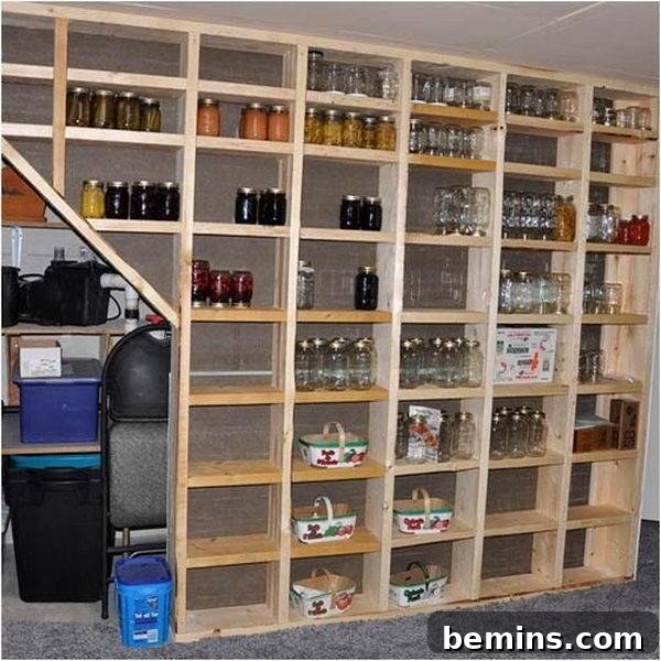 Wooden garage organizer with multiple compartments and glass jars sitting in them, showcasing a creative storage solution.