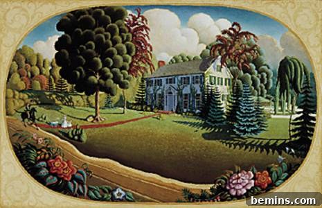 Painting of a mansion with garden.