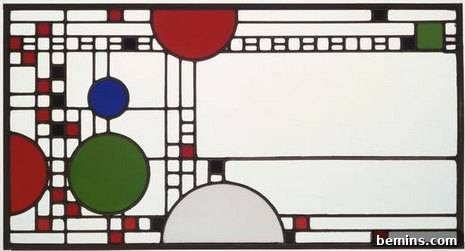A painting made of various squares and circles with few of them filled with red and green colors.