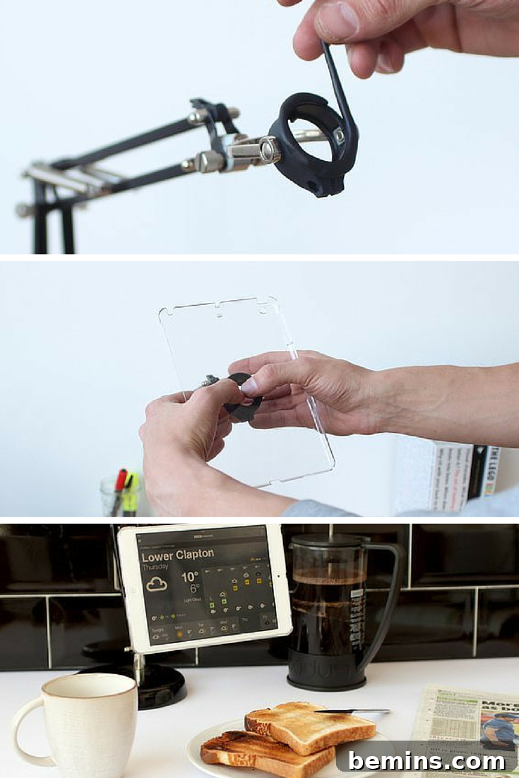 Pinterest graphic: DIY Tablet Stand made with Sugru, featuring a tablet mounted on a flexible arm.