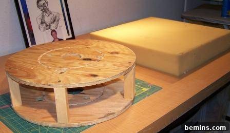 Upcycled Wooden Spool Ottoman in Light Green 3 Circular piece of wood with foam on top