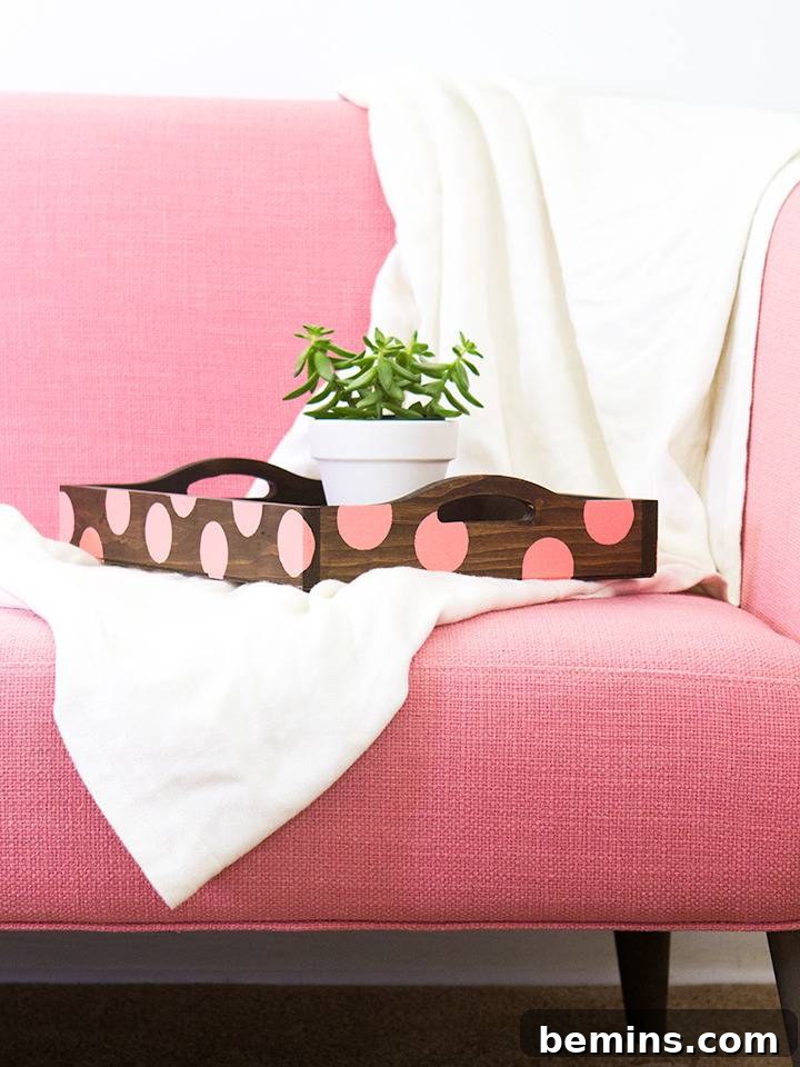 Pink polka dot wood tray