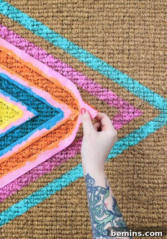 Hand peeling tape off geometric welcome mat