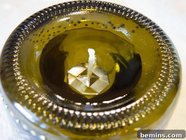 Craft an Elegant Inverted Wine Bottle Oil Lamp 12 The fully assembled oil lamp, with the wick properly trimmed to 1/8 inch above the oil level, ready for its first light.