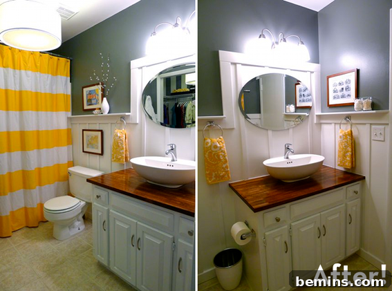 After: A beautifully decorated bathroom with personal touches and a stylish design.