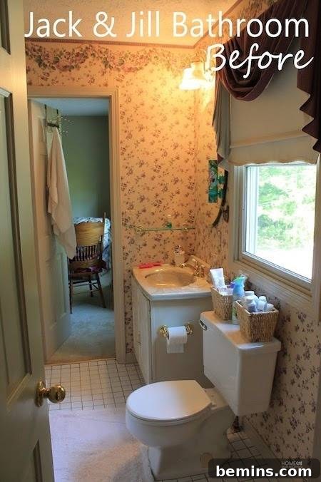 Before: A dated Jack & Jill bathroom in need of a budget-friendly makeover.