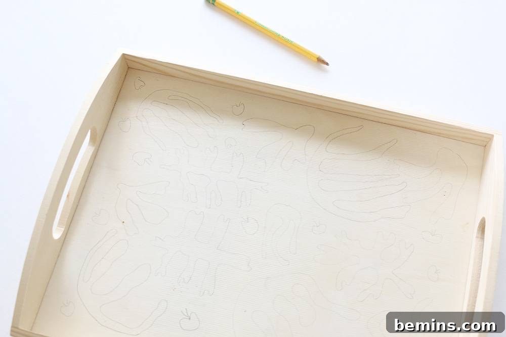 Sketching the Foliage Design on the Wood Tray