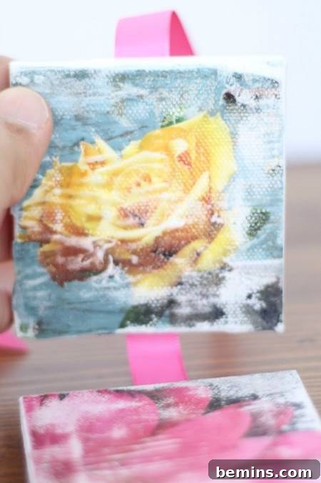 Finished DIY magazine image transfer onto canvas, perfect for spring decor and handmade gifts.