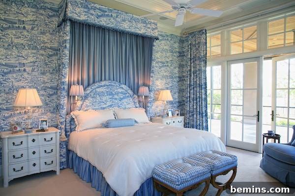 A bed with curtains behind it sits in a room with glass doors on the side.