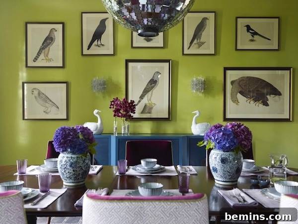 Pictures of birds are hanging on the yellow wall.