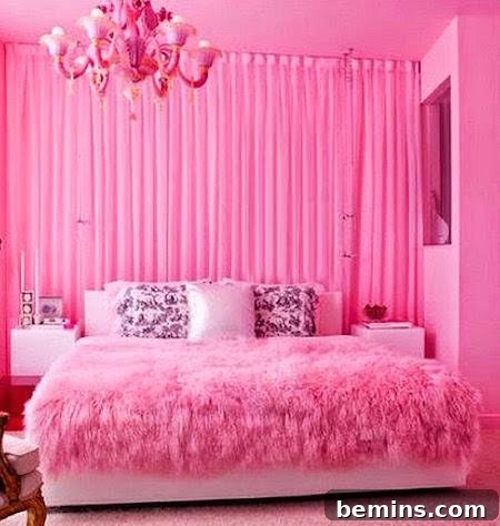 a pink room with fluffy blankets and cozy pillows