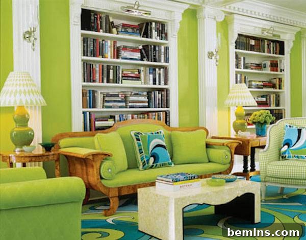Green furniture and white shelves fill a room with bright green walls.