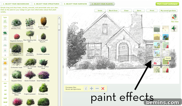 Different paint effects in Better Homes and Gardens Garden Planner.