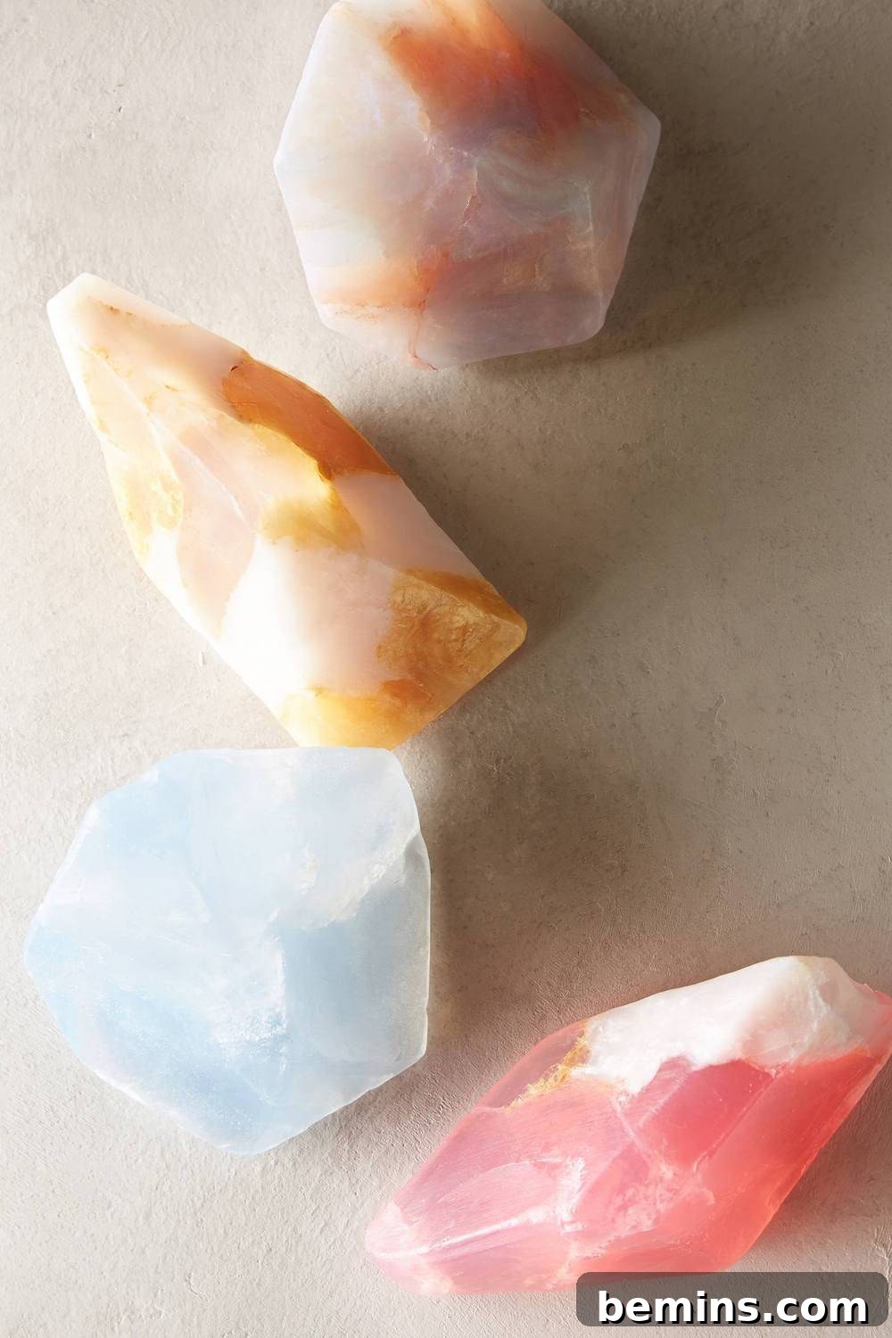 Different color rocks shaped as diamond, showcasing Stone Bathroom Soaps