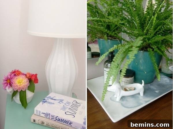 Side tables decorated with plants, lamps, and other decorative objects.