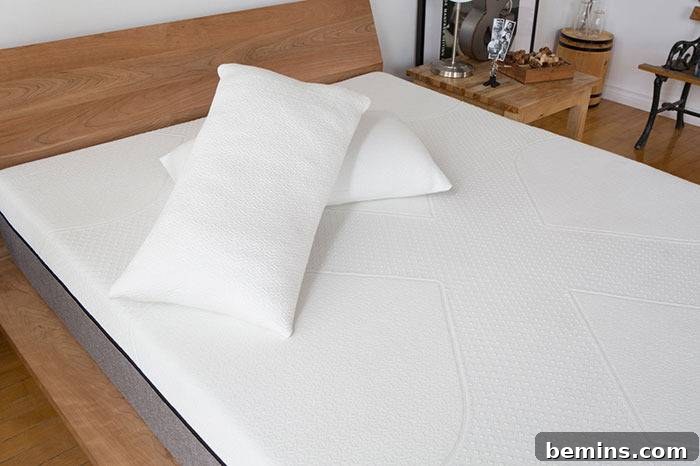 Two pillows are sitting on a mattress on a bed with a wooden headboard.