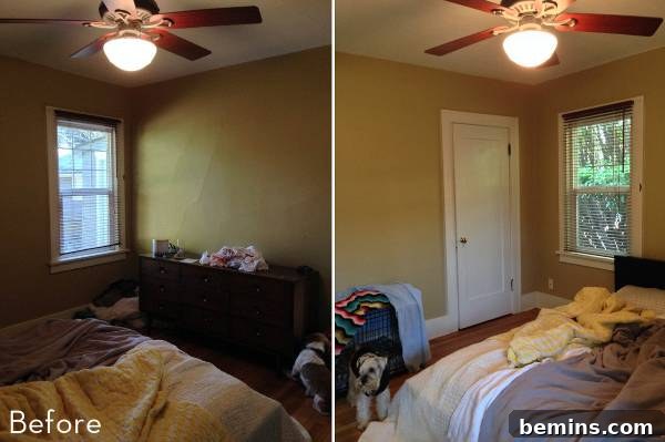 Before and after of a bedroom with a dated ceiling fan.