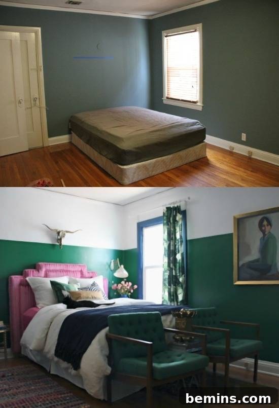 Eclectic bedroom design with a pink headboard and green chairs