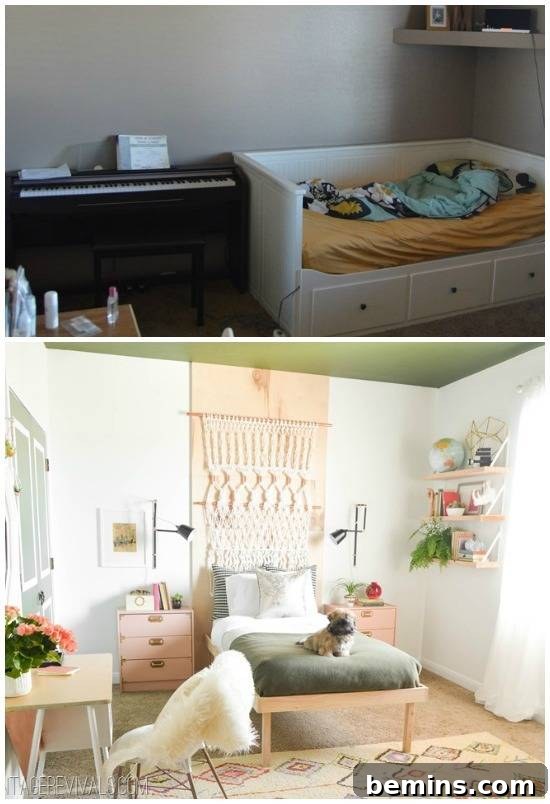 Boho bedroom makeover with peachy accents and natural textures